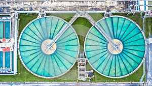 Aerial top view recirculation solid contact clarifier sedimentation tank, Water treatment plant.