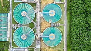 Aerial top view recirculation solid contact clarifier sedimentation tank, Water treatment plant. photo