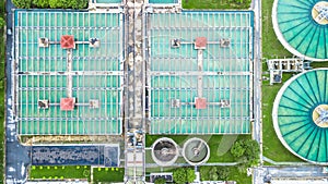 Aerial top view recirculation solid contact clarifier sedimentation tank, Water treatment plant.