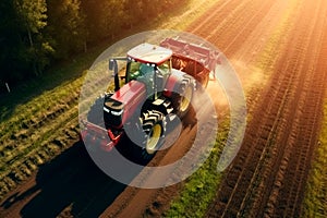 Aerial top view of red tractor mowing green field