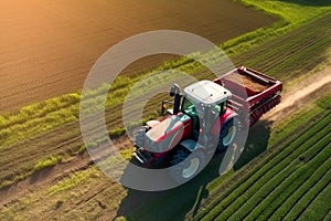 Aerial top view of red tractor mowing green field