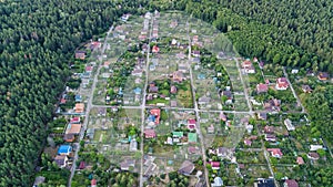 Aerial top view of residential area summer houses in forest from above, countryside real estate and dacha village in Ukraine photo