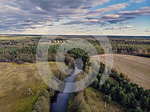 Aerial top view of river Narochanka in Belarus