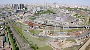 Aerial top view of road junction in Moscow from above, automobile traffic and Andropov Avenue in the Yuzhnyy Port