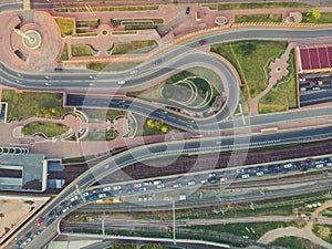 Aerial top view of road junction in Moscow from above, automobile traffic and jam of many cars, transportation concept
