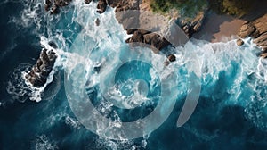 Aerial top view of rocky coast in sea, blue waves of ocean and stones