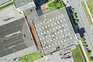 Aerial top view of roof of modern industrial building