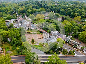 Aerial top view roofs of historic small town downtown New Hope in Pennsylvania US