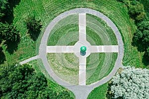 Aerial top view of the round square in a green summer park. aerial photo