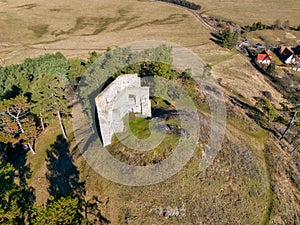 Aerial top view of ruins of Dobra Niva castle in Podzamcok