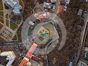 Aerial top view of Saint Andrew`s church from above in Kiev city