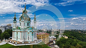 Aerial top view of Saint Andrew`s church and Andreevska street from above, Podol, city of Kiev Kyiv, Ukraine