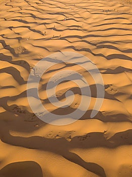 Aerial top view on sand dunes with waves in desert
