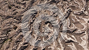 Aerial top view of sand texture detail around bromo volcano crater, Indonesia