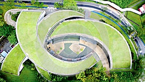 Aerial top view on School of Art at Nanyang technological university in Singapore