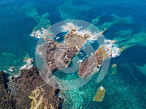 Aerial top view seascape. Natural drone landscape view in the Azores islands. Abstract pattern with amazing textures. Atlantic coa