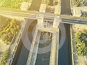 Aerial top view of ship dock gateway terminal in the port f