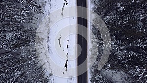 Aerial top view snowy forest mountains with cars driving winter road.