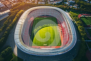 Aerial top view of a soccer football field stadium