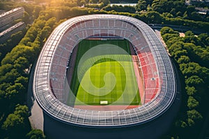 Aerial top view of a soccer football field stadium