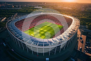 Aerial top view of a soccer football field stadium