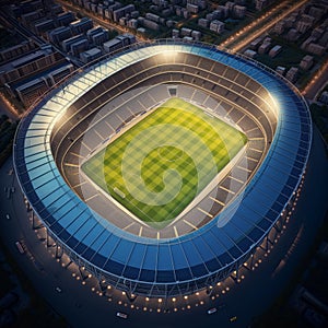 Aerial top view of a soccer football field stadium