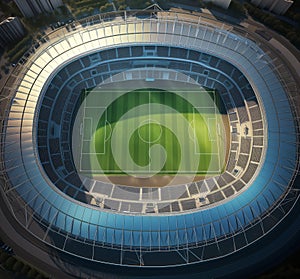 Aerial top view of a soccer football field stadium in night