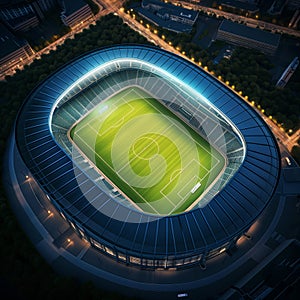 Aerial top view of a soccer football field stadium in night