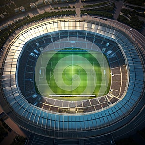 Aerial top view of a soccer football field stadium in night