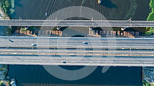 Aerial top view of South Bridge in Kiev city from above, Kyiv skyline and Dnieper river cityscape, Ukraine