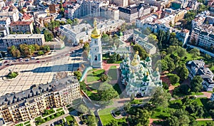 Aerial top view of St Sophia cathedral and Kiev city skyline from above, Kyiv cityscape, capital of Ukraine