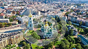 Aerial top view of St Sophia cathedral and Kiev city skyline from above, Kyiv cityscape, Ukraine photo