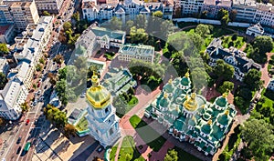Aerial top view of St Sophia cathedral and Kiev city skyline from above, Kyiv cityscape, Ukraine