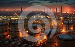 Aerial top view storage tank farm at night, Tank farm storage chemical petroleum petrochemical refinery product at oil