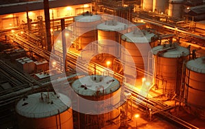Aerial top view storage tank farm at night, Tank farm storage chemical petroleum petrochemical refinery product at oil