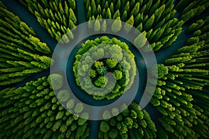 Aerial top view of summer green trees in forest.