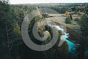 Aerial top view of summer trees in forest in rural Latvia whit blue woods river.