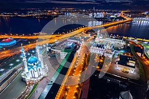 Aerial top view sunset panorama cityscape of Kazan Kremlin Kul Sharif mosque of Tatarstan Russia