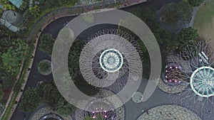 Aerial top view for Supertree grove in Gardens by Marina Bay Sands in Singapore. Shot. Illuminated, beautiful, colorful