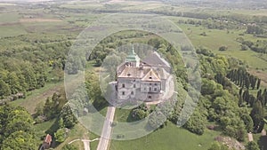 Aerial top view to historic castle and park in Olesko - famous ukrainian sightseeing