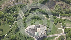 Aerial top view to historic castle and park in Olesko - famous ukrainian sightseeing