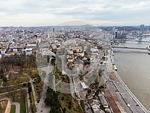 Aerial top view to Kalemegdan fortress at Belgrade. Summer photo from drone. Serbia