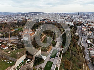 Aerial top view to Kalemegdan fortress at Belgrade. Summer photo from drone. Serbia