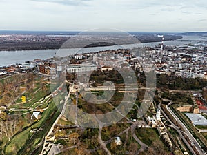 Aerial top view to Kalemegdan fortress at Belgrade. Summer photo from drone. Serbia