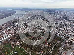 Aerial top view to Kalemegdan fortress at Belgrade. Summer photo from drone. Serbia