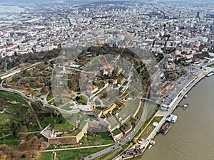 Aerial top view to Kalemegdan fortress at Belgrade. Summer photo from drone. Serbia