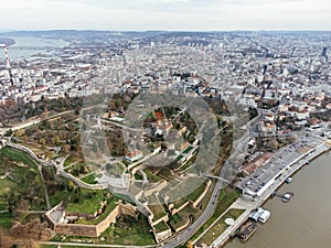 Aerial top view to Kalemegdan fortress at Belgrade. Summer photo from drone. Serbia