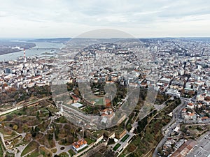 Aerial top view to Kalemegdan fortress at Belgrade. Summer photo from drone. Serbia