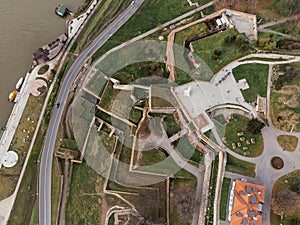 Aerial top view to Kalemegdan fortress at Belgrade. Summer photo from drone. Serbia