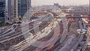 Aerial top view to Sheikh Zayed road near Dubai Marina and JLT day to night timelapse, Dubai.